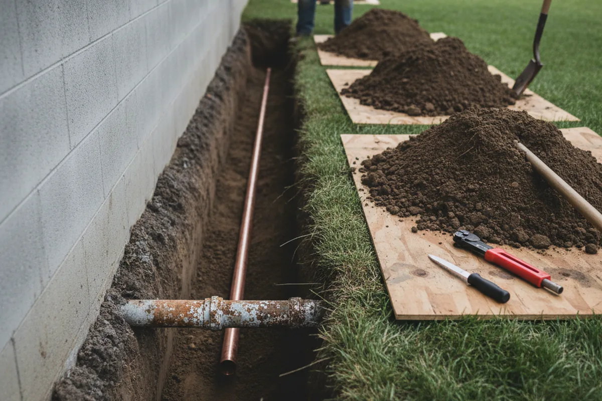 Excavated water line trench during Sewer Line Repair in Plantation